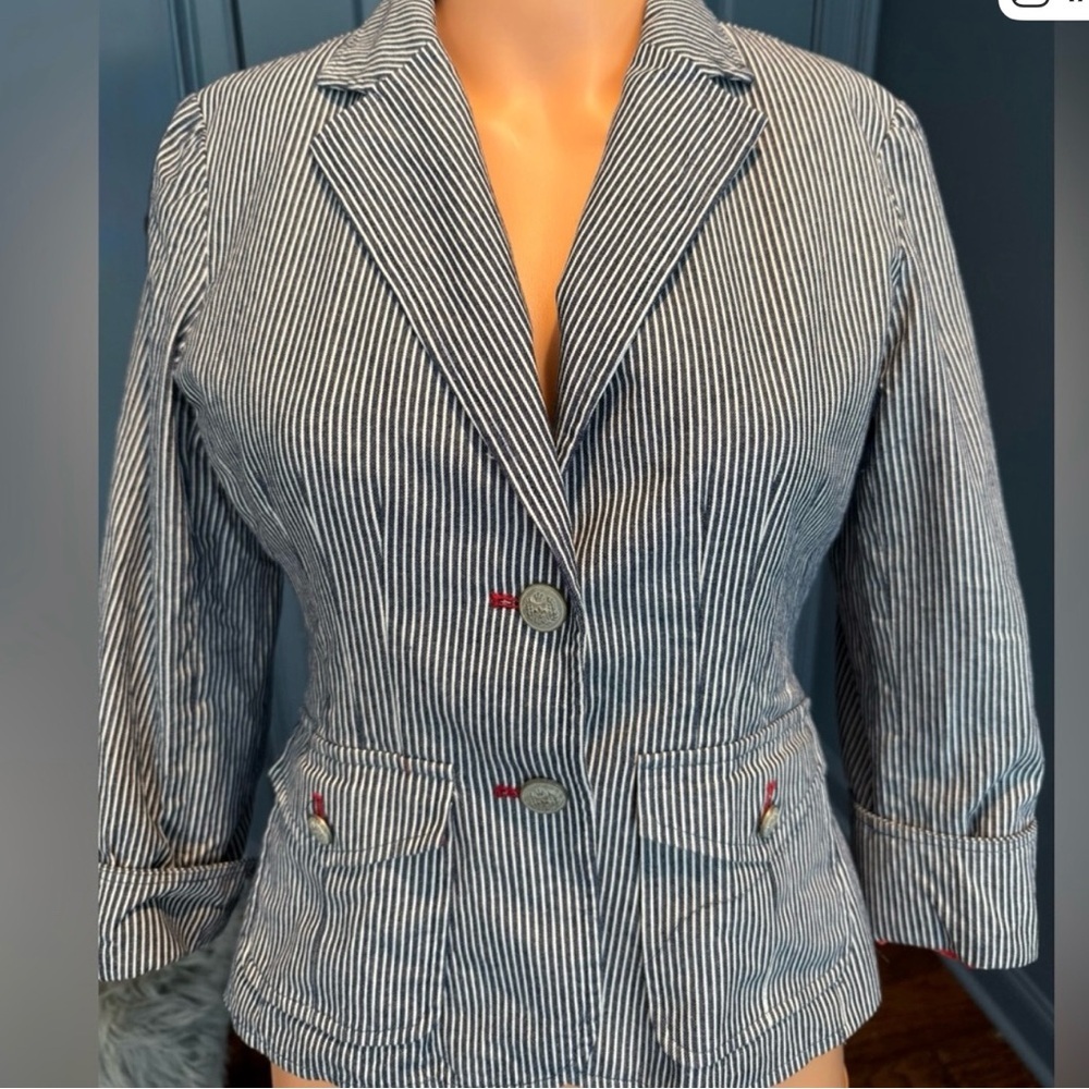 Nautical Striped Blazer Navy White Cotton Jacket Preppy Size 4 Bigio - Picture 2 of 9